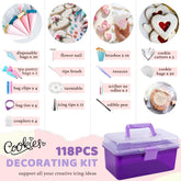 LUSHYUM 118-piece cookie decorating kit accessories including royal icing piping bags, tips, turntable, scribes, brushes, and decorating tools